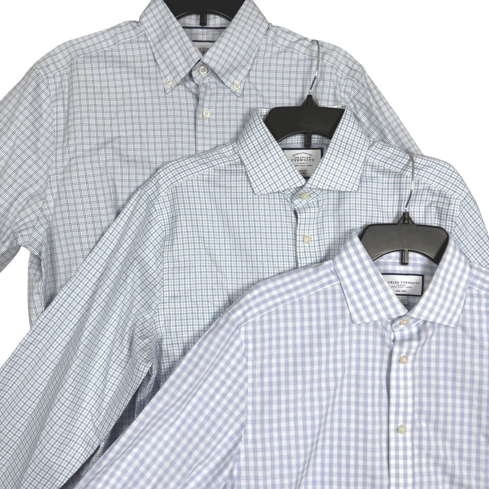 Lot of 3 Charles Tyrwhitt Dress Shirt 16/34 Slim Fit Non-Iron Check Blue White